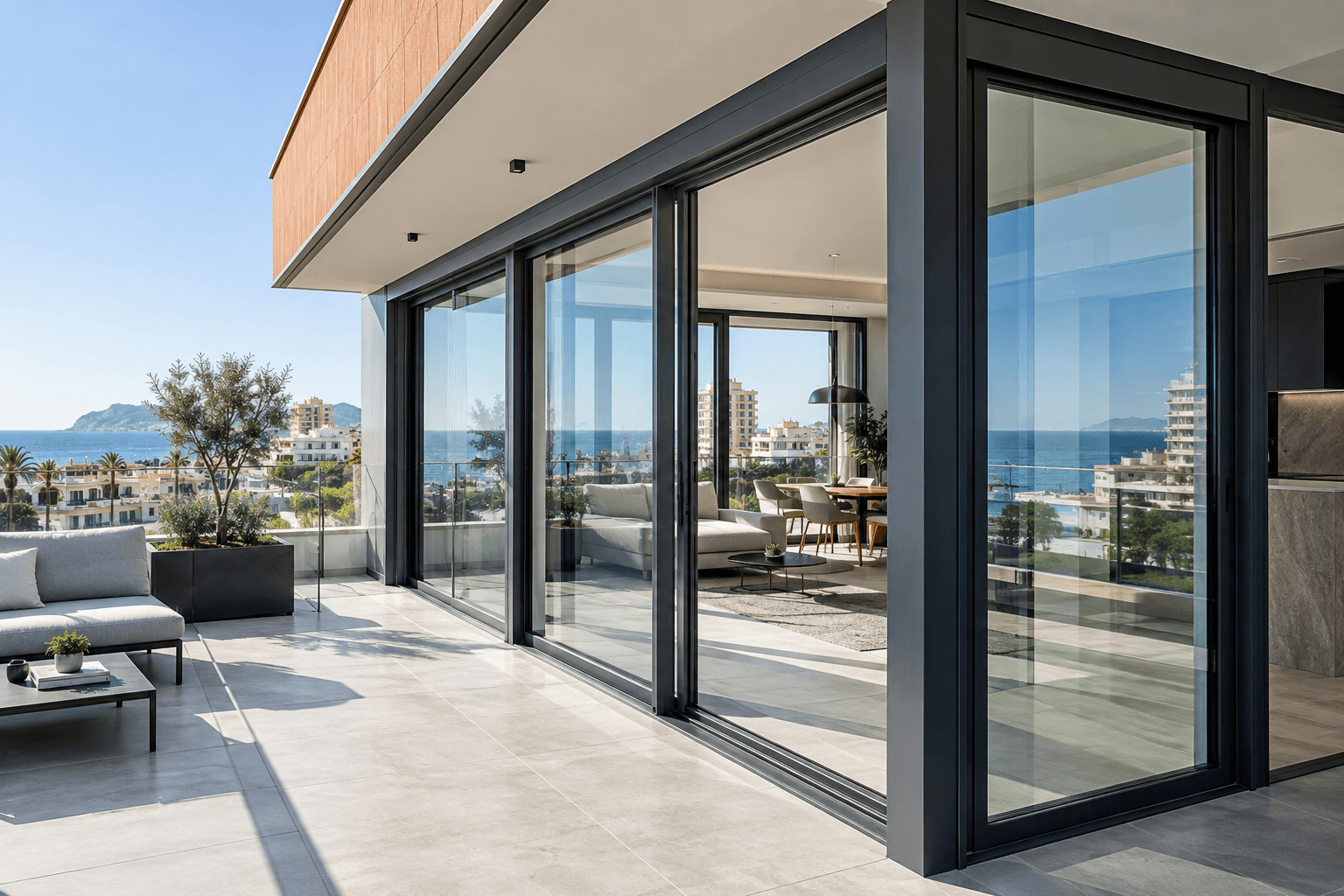 Grandes ventanales de aluminio en terraza mediterránea
