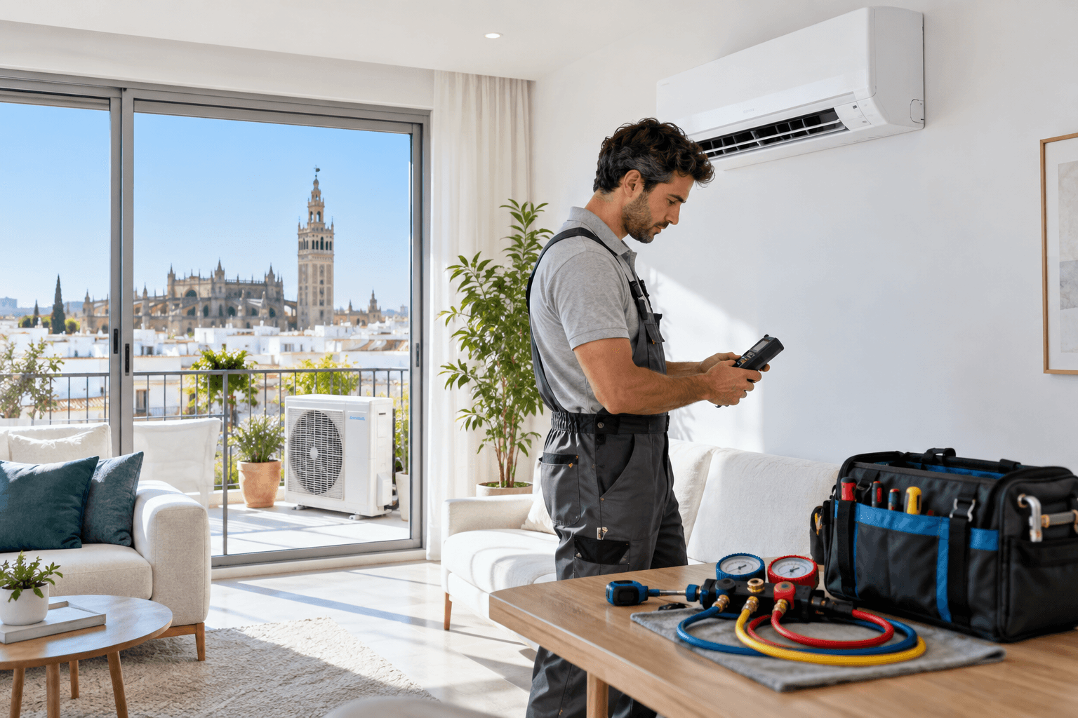 Técnico de climatización revisando un split en vivienda moderna